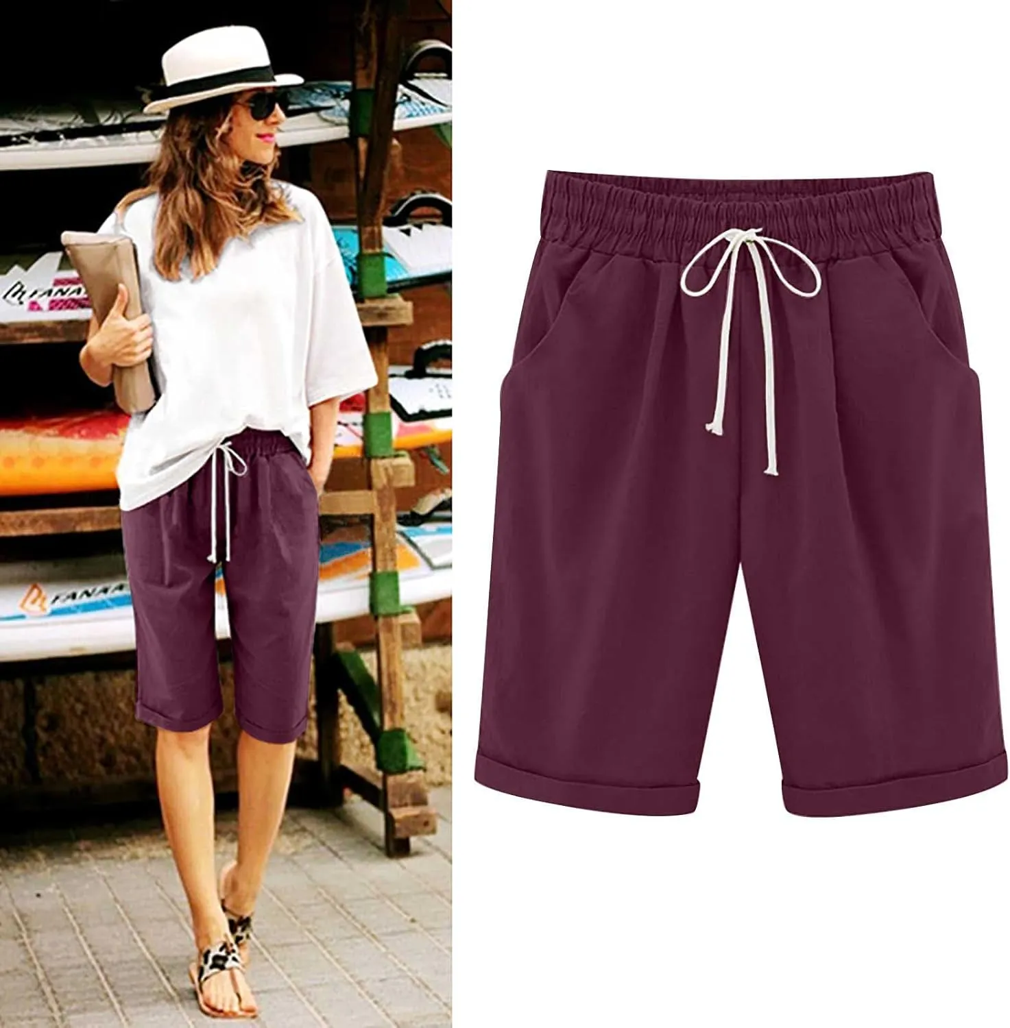 LRMQS Bermuda Shorts for Women Trendy Summer 2024 Beach Drawstring Knee Length Shorts Loose Fit Resort Wear Fashion Clothes