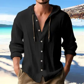 Men's Beach Vacation Long-Sleeved Shirt Cotton Linen Hooded Sweater Lightweight Casual Button Drawstring Blouse