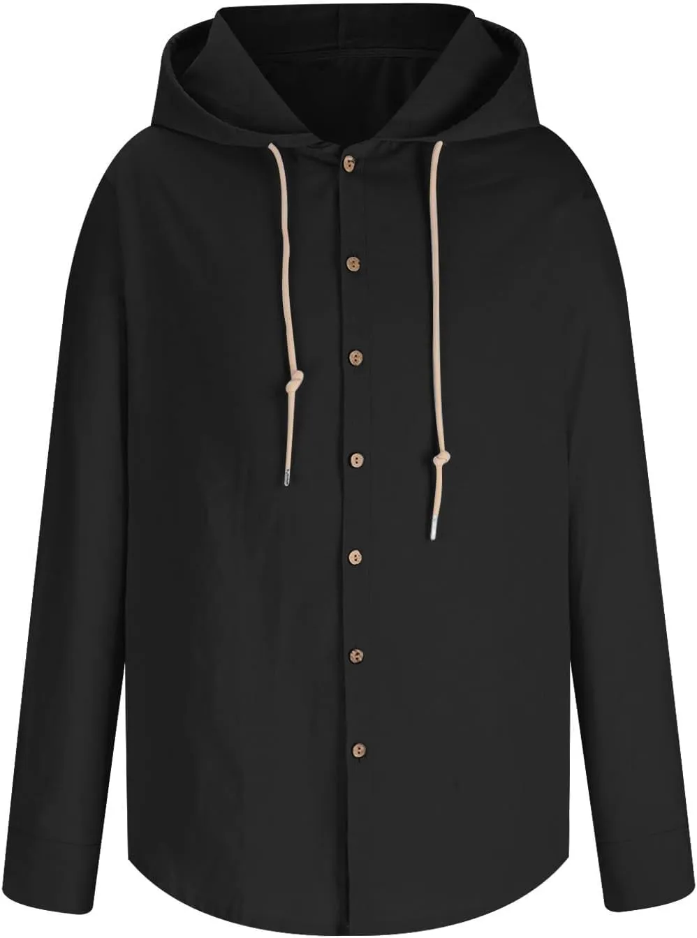 Men's Beach Vacation Long-Sleeved Shirt Cotton Linen Hooded Sweater Lightweight Casual Button Drawstring Blouse