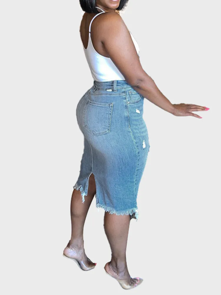 Mid-Length Denim A-Line Skirt