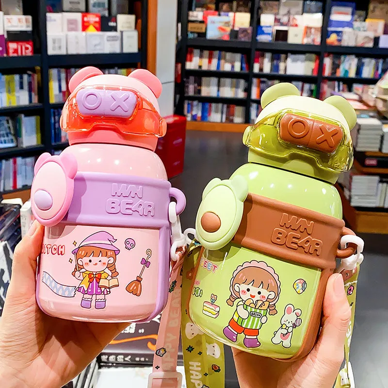 Premium Bear Design Stainless Steel School Water Bottle for Kids with Portable Strap