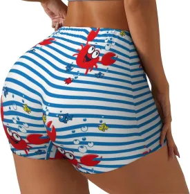 Red Funny Crab On Blue Stripe Print Women's Workout Shorts,Athletic Shorts for Running,Yoga,Gym