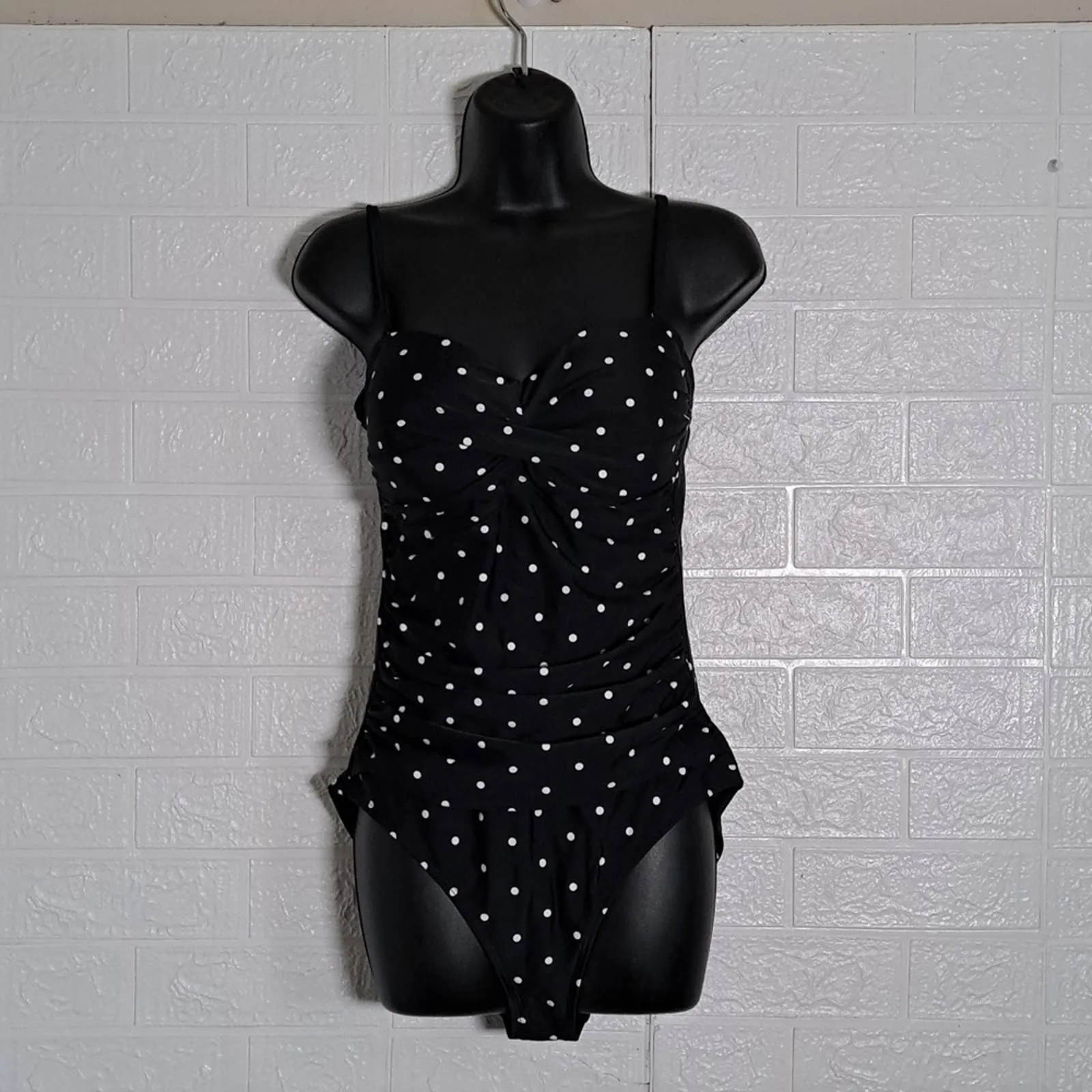 Relleciga Tummy Control Ruched Swimwear Polkadot Black Large