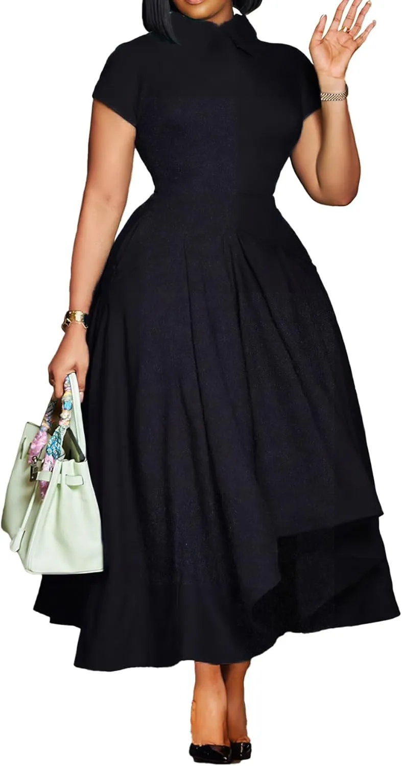 Seltaon Women Elegant Semi Formal Midi Dresses Short Sleeve A Line Church Cocktail Party Dress Plus Size