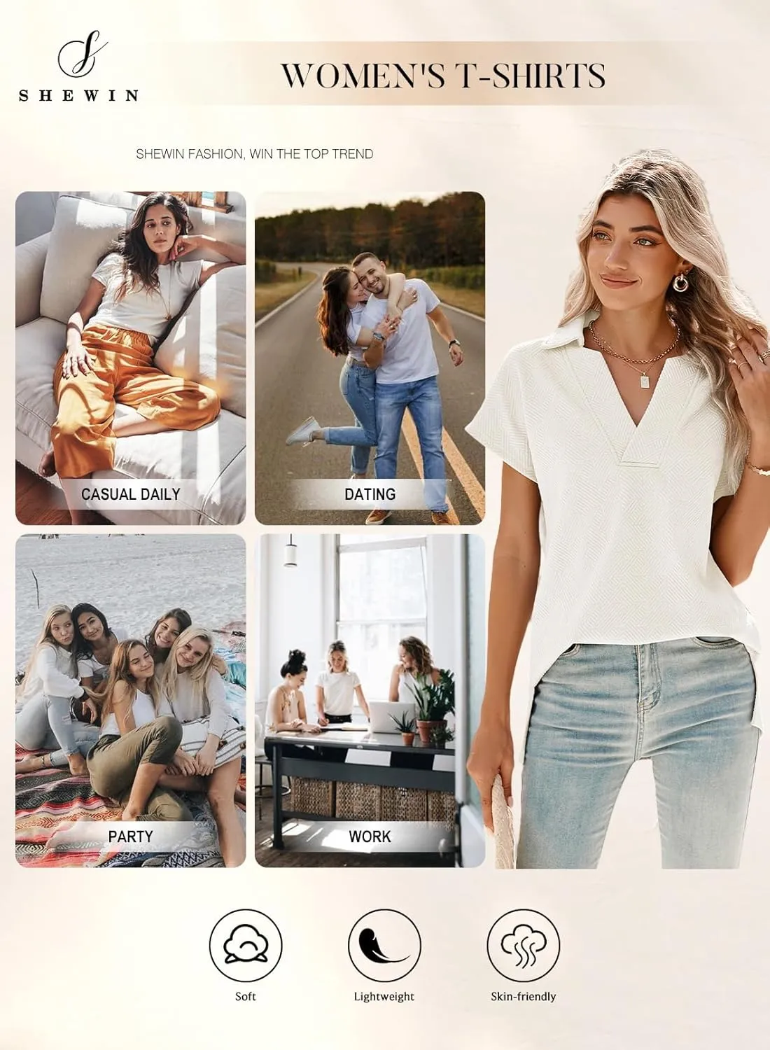 SHEWIN Women's Polo Shirts Casual Collared V Neck Short Sleeve T Shirt Tunic Tops Loose Fit