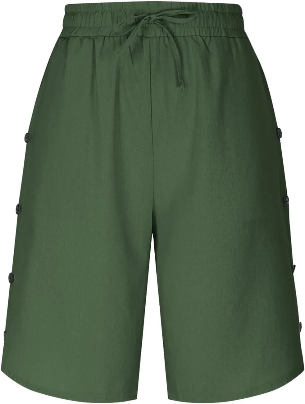 Shorts for Men Elastic Waist Side Buttons and Split Bermuda Shorts Summer Casual Faux Cotton Linen 5 Inch Pants with Pockets