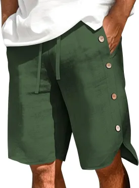 Shorts for Men Elastic Waist Side Buttons and Split Bermuda Shorts Summer Casual Faux Cotton Linen 5 Inch Pants with Pockets