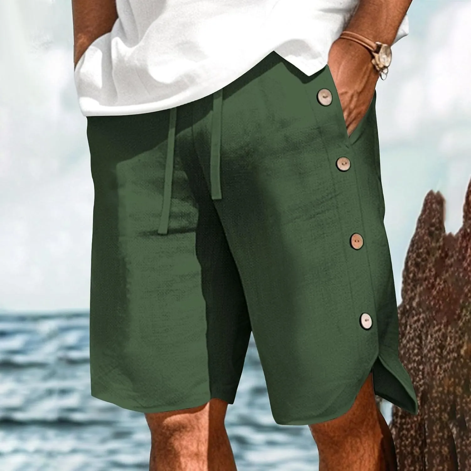 Shorts for Men Elastic Waist Side Buttons and Split Bermuda Shorts Summer Casual Faux Cotton Linen 5 Inch Pants with Pockets