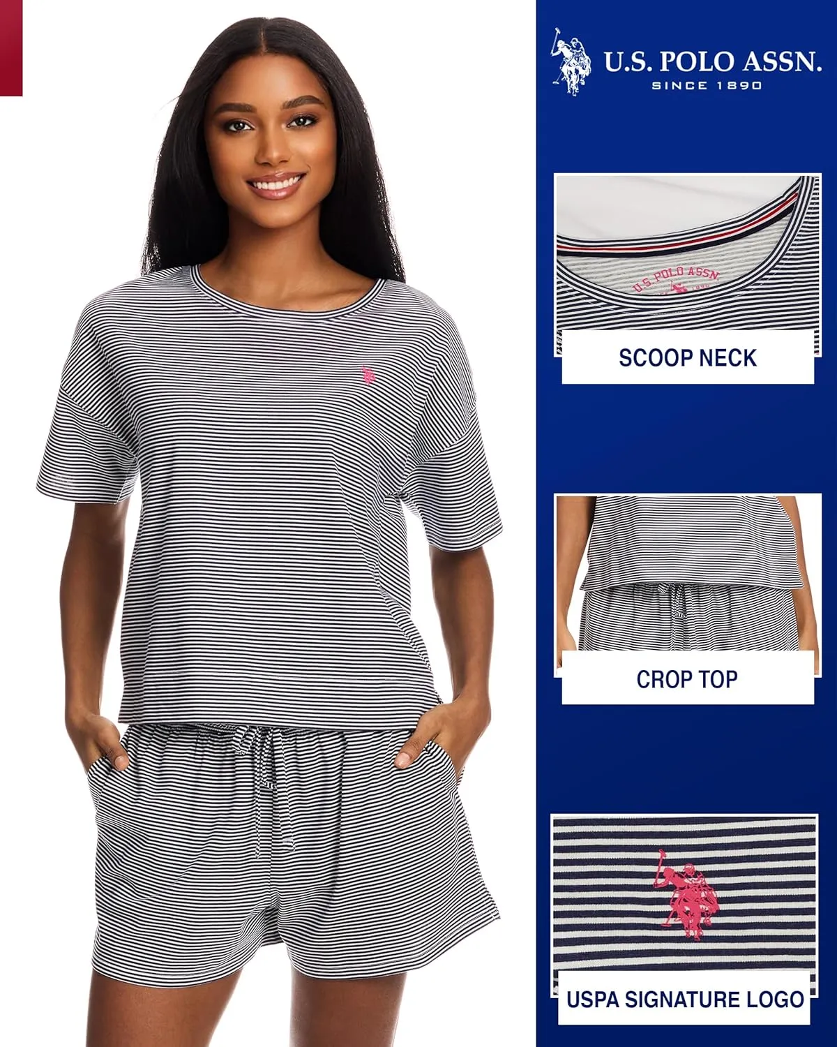 U.S. Polo Assn. Womens Summer Pajamas Sets Cotton - Poly, PJ Sets for Women Shorts, 2 Piece Lounge Set Shorts