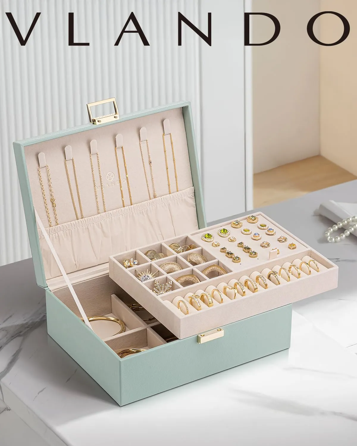 Vlando 2 Layer Jewelry Box Large Jewelry Organizer for Women Removable Jewelery Tray for Necklace Earrings Rings Bracelets Christmas Gifts for Mom Wife (Green)