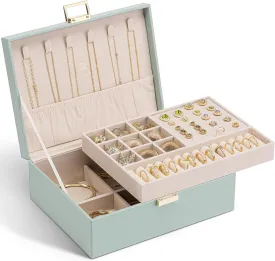 Vlando 2 Layer Jewelry Box Large Jewelry Organizer for Women Removable Jewelery Tray for Necklace Earrings Rings Bracelets Christmas Gifts for Mom Wife (Green)