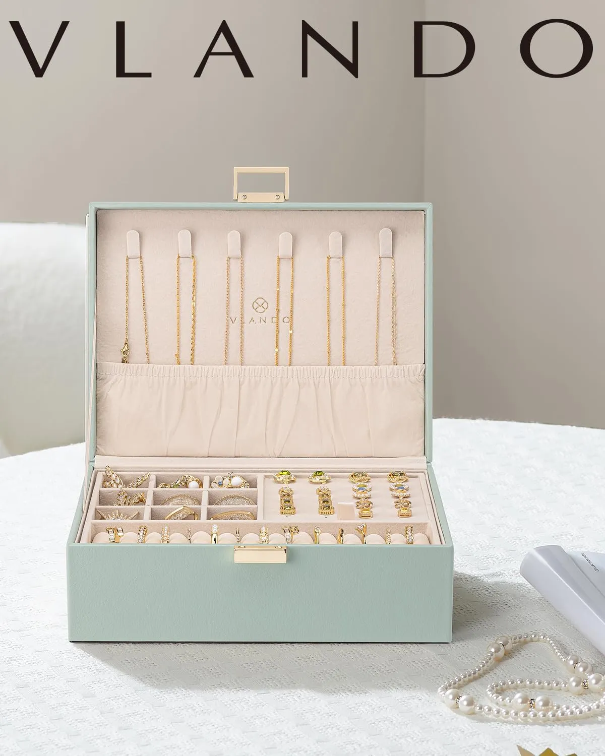 Vlando 2 Layer Jewelry Box Large Jewelry Organizer for Women Removable Jewelery Tray for Necklace Earrings Rings Bracelets Christmas Gifts for Mom Wife (Green)