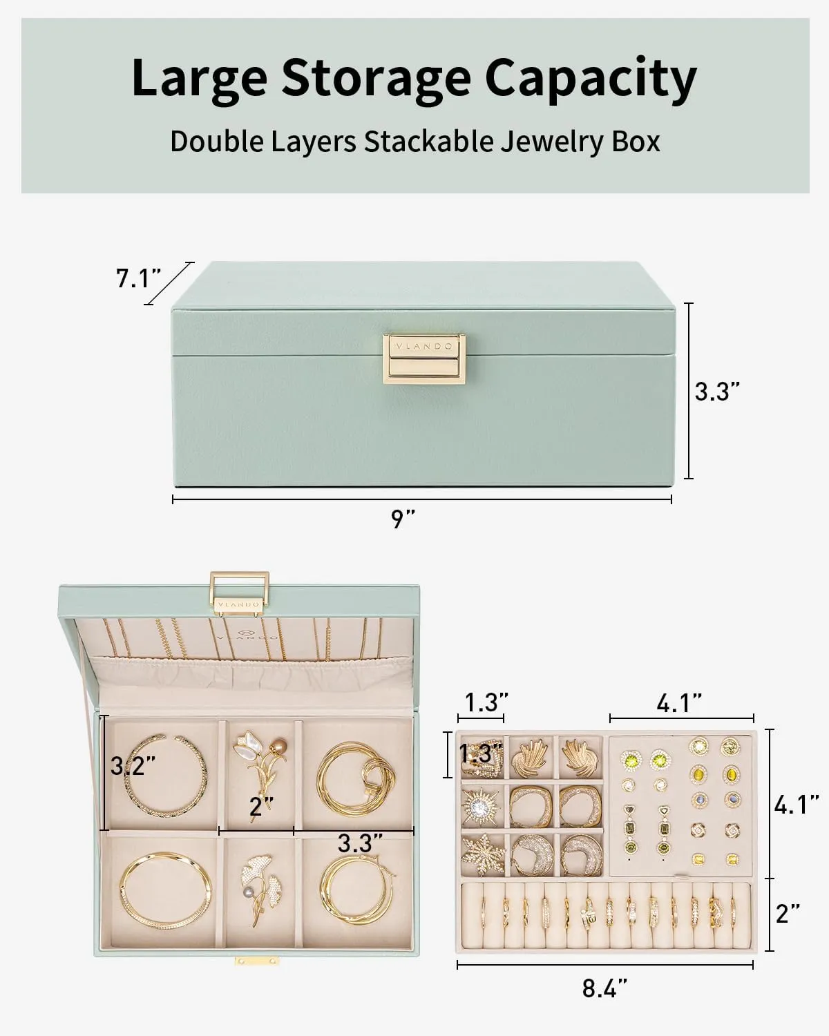Vlando 2 Layer Jewelry Box Large Jewelry Organizer for Women Removable Jewelery Tray for Necklace Earrings Rings Bracelets Christmas Gifts for Mom Wife (Green)