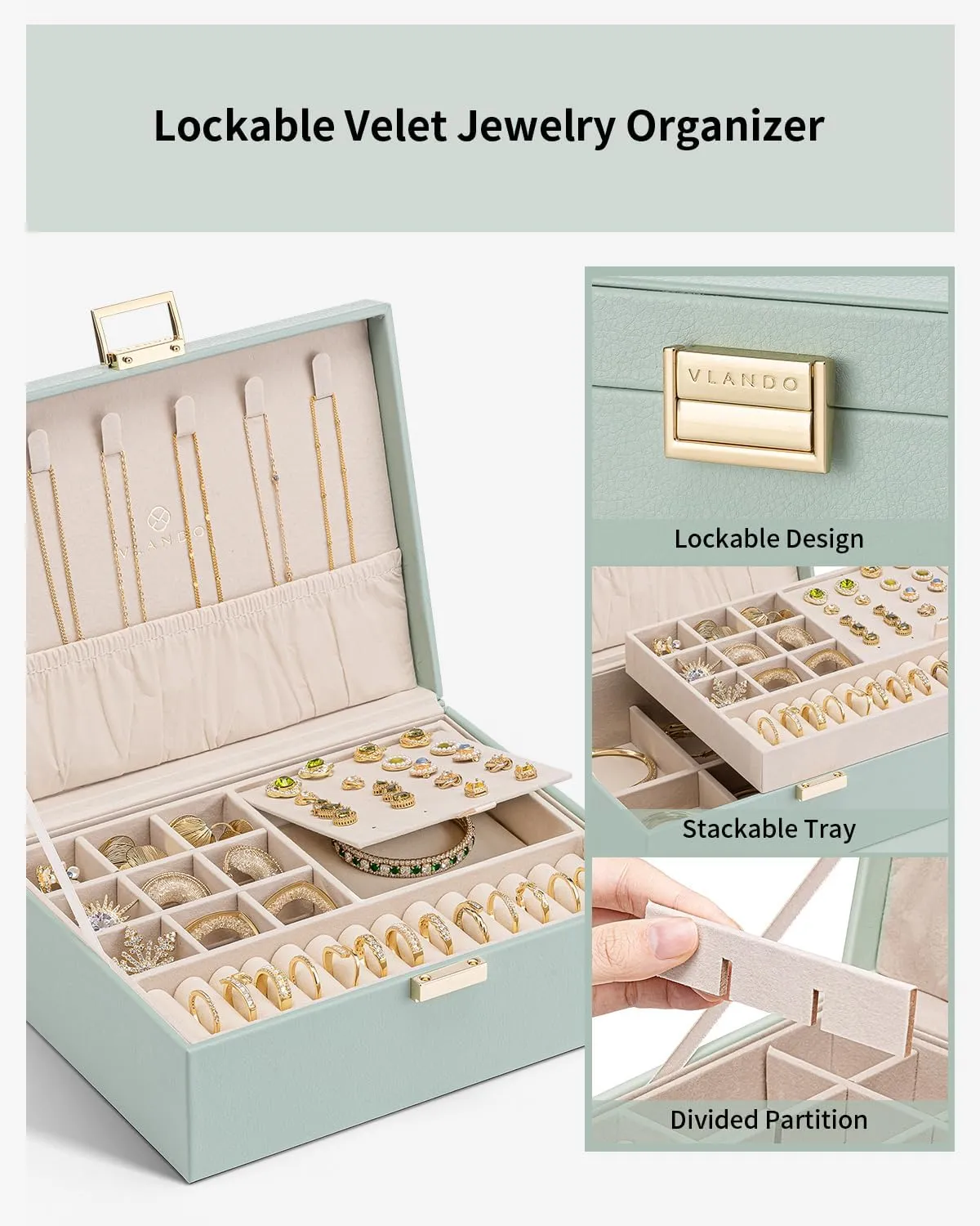 Vlando 2 Layer Jewelry Box Large Jewelry Organizer for Women Removable Jewelery Tray for Necklace Earrings Rings Bracelets Christmas Gifts for Mom Wife (Green)