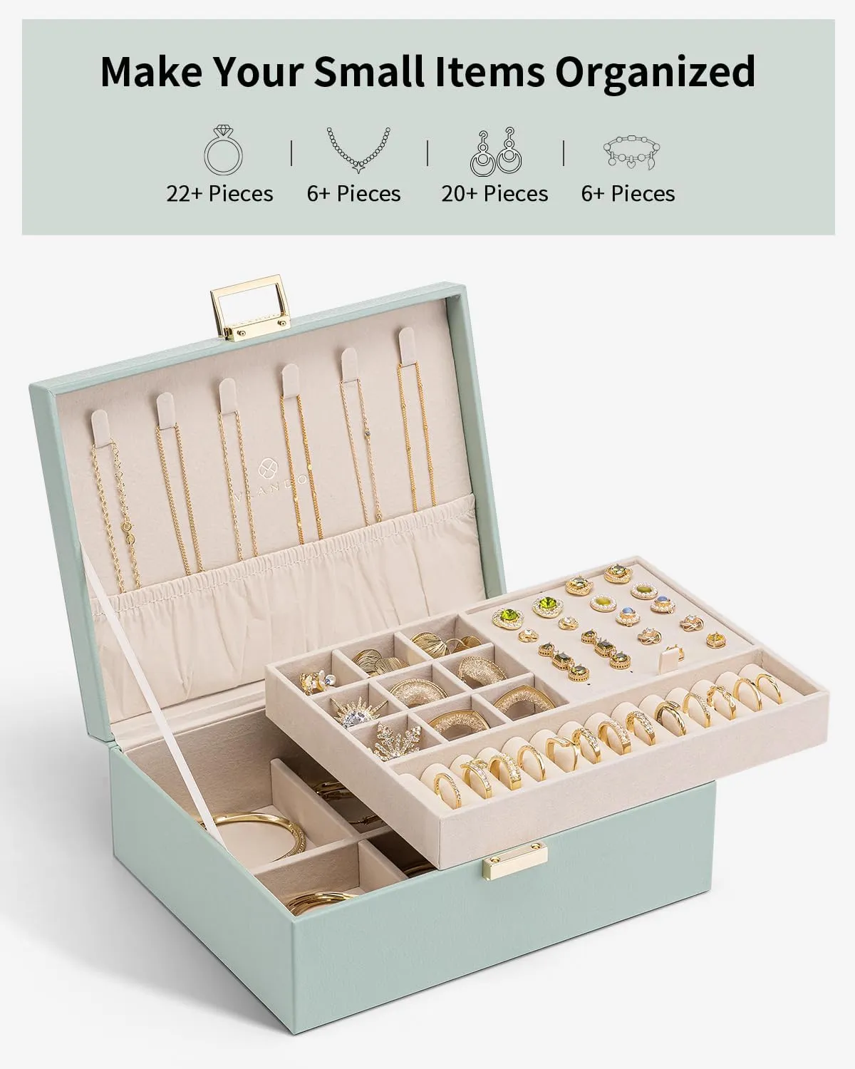 Vlando 2 Layer Jewelry Box Large Jewelry Organizer for Women Removable Jewelery Tray for Necklace Earrings Rings Bracelets Christmas Gifts for Mom Wife (Green)