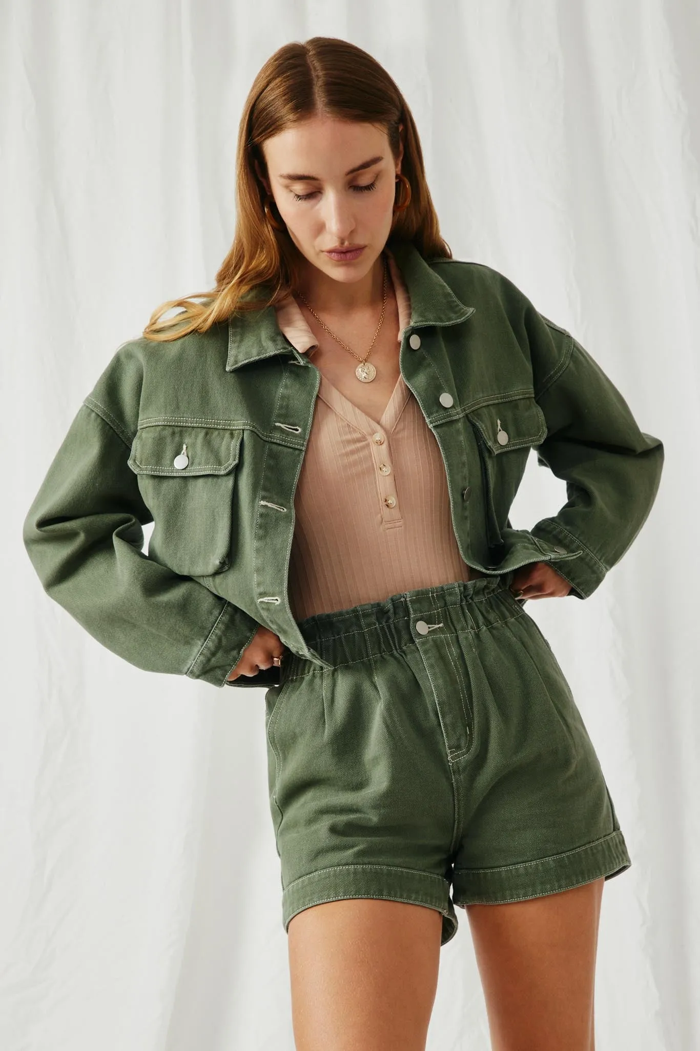 Washed Cargo Pocket Contrast Stitch Colored Denim Jacket