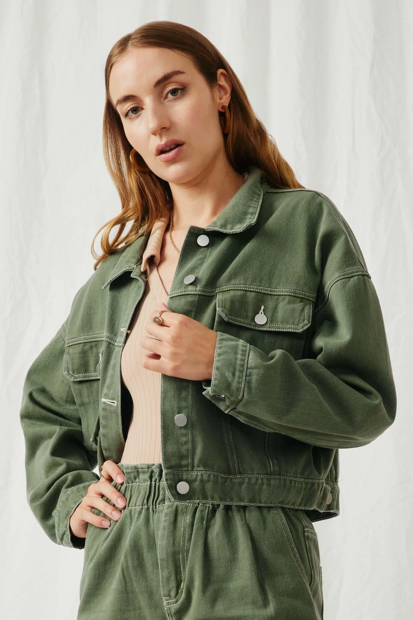 Washed Cargo Pocket Contrast Stitch Colored Denim Jacket
