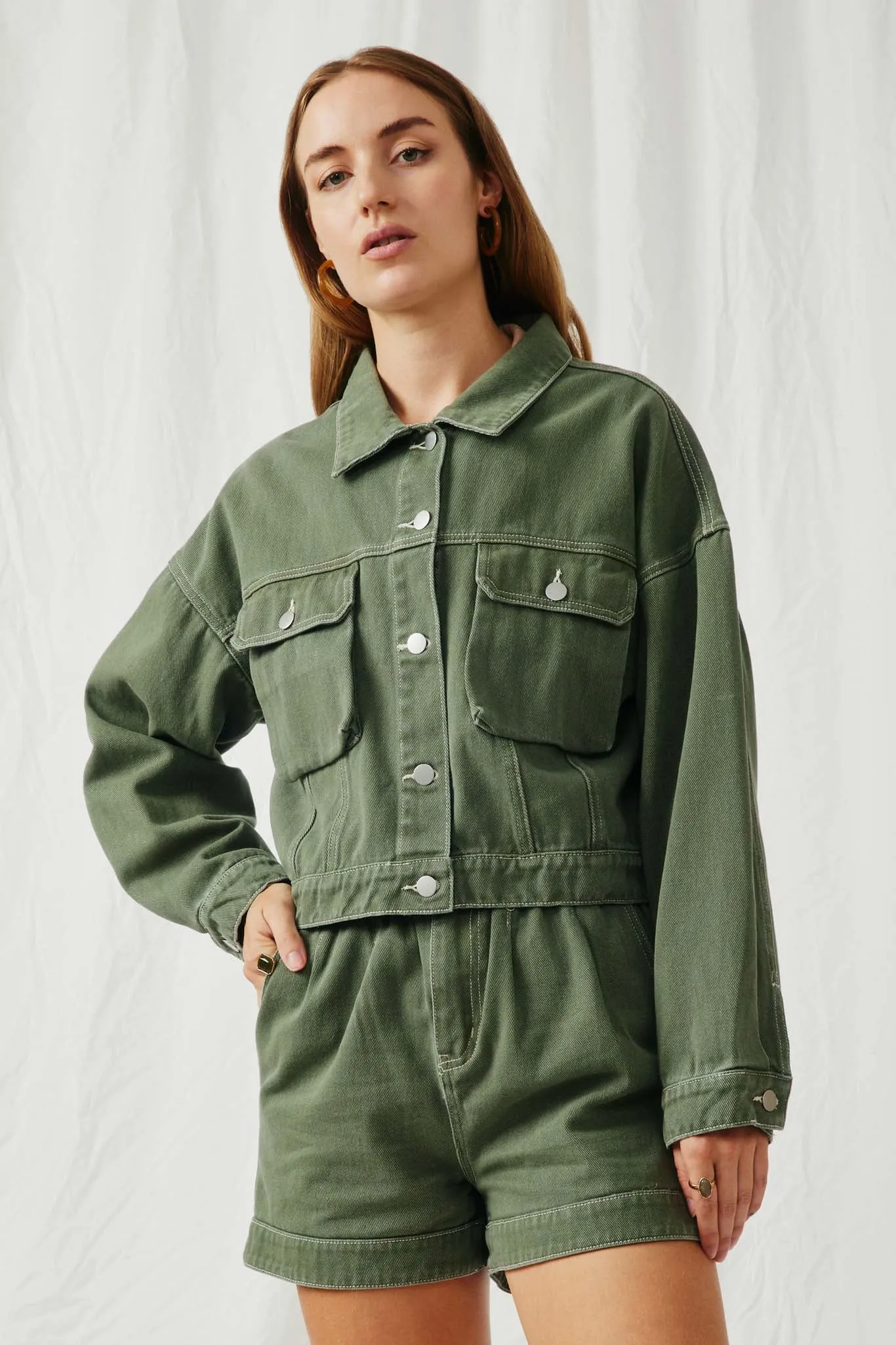 Washed Cargo Pocket Contrast Stitch Colored Denim Jacket