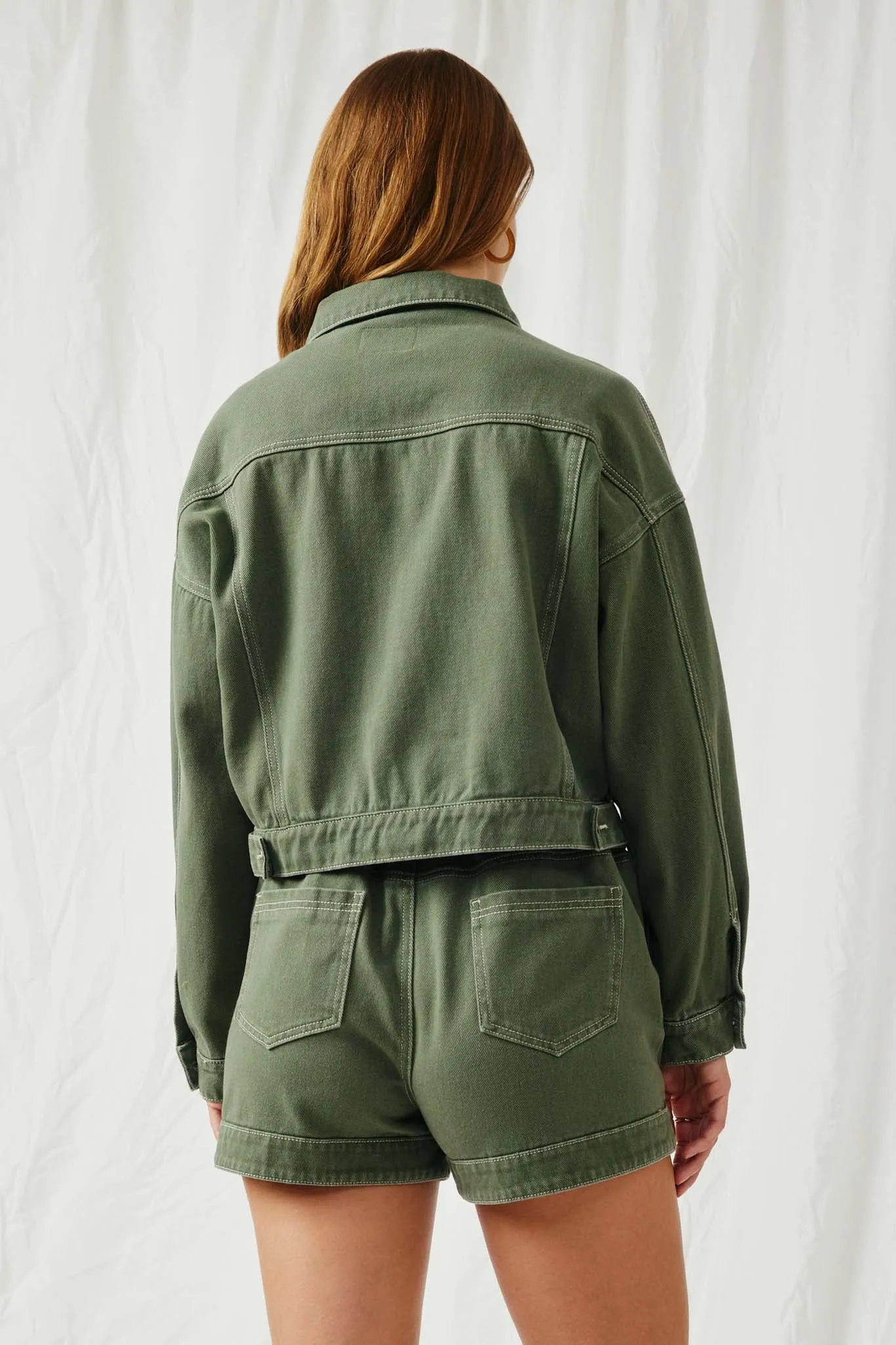 Washed Cargo Pocket Contrast Stitch Colored Denim Jacket