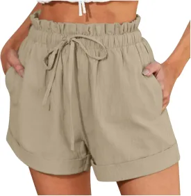 Women Fashion Paperbag Shorts Cotton Linen Elastic Waist Drawstring Comfy Shorts Summer Beach Short Pants with Pocket