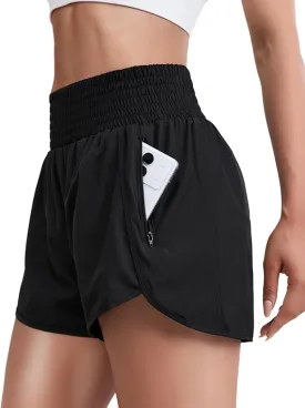 Women Zipper Workout Shorts High Waisted Quick Dry Running Athletic Shorts Liner with Pockets Gym Fitness Side Slit