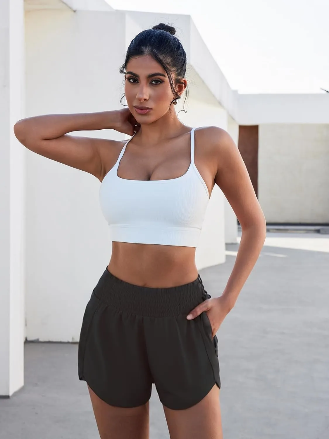 Women Zipper Workout Shorts High Waisted Quick Dry Running Athletic Shorts Liner with Pockets Gym Fitness Side Slit
