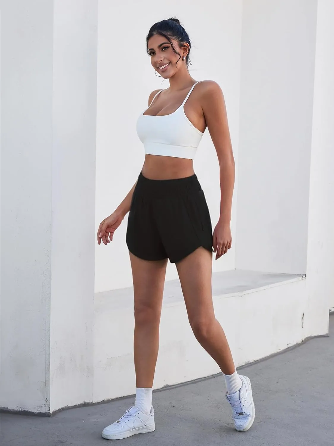 Women Zipper Workout Shorts High Waisted Quick Dry Running Athletic Shorts Liner with Pockets Gym Fitness Side Slit