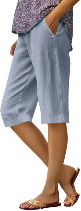 Women's Bermuda Shorts Cotton Linen Knee Length Shorts Casual Lightweight Summer Loose Beach Pants with Pockets