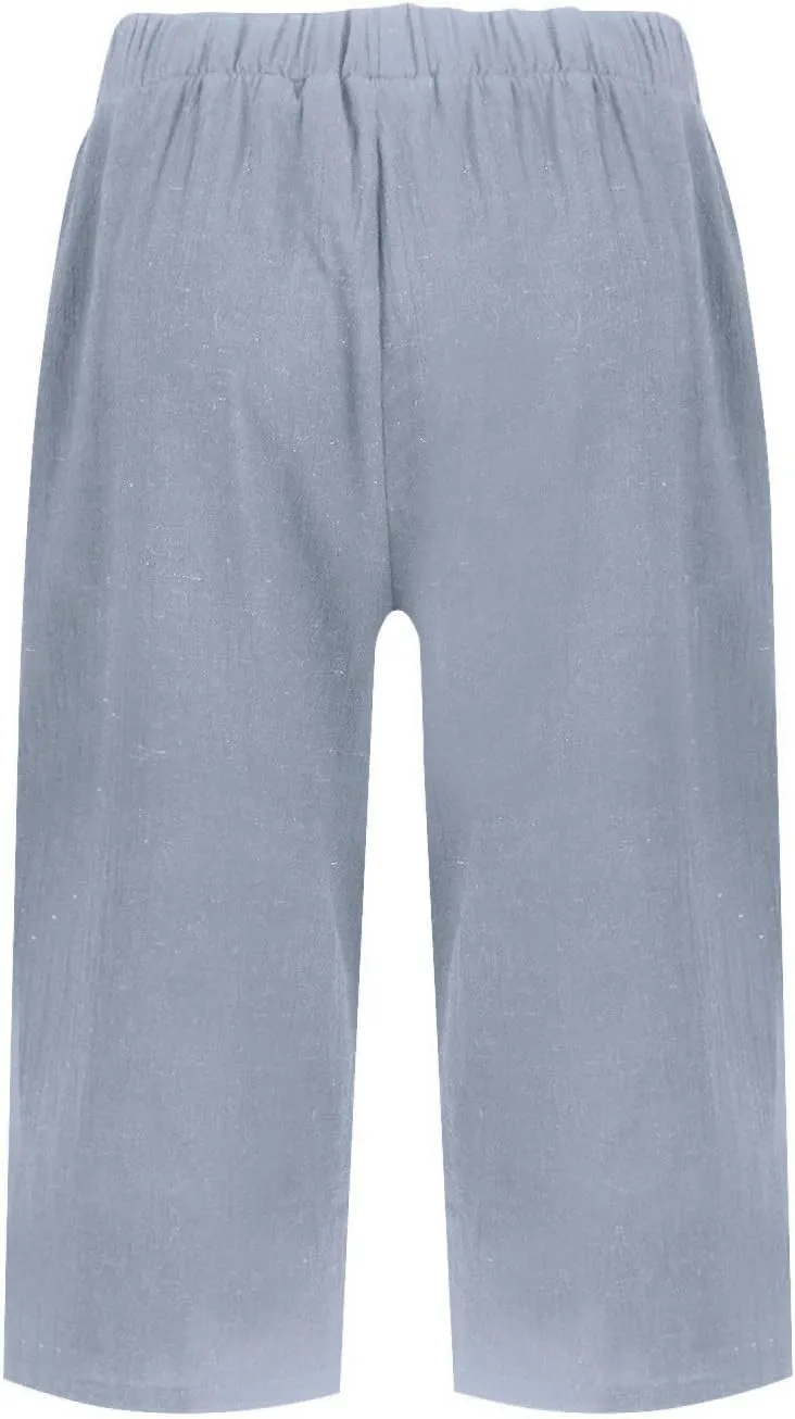 Women's Bermuda Shorts Cotton Linen Knee Length Shorts Casual Lightweight Summer Loose Beach Pants with Pockets