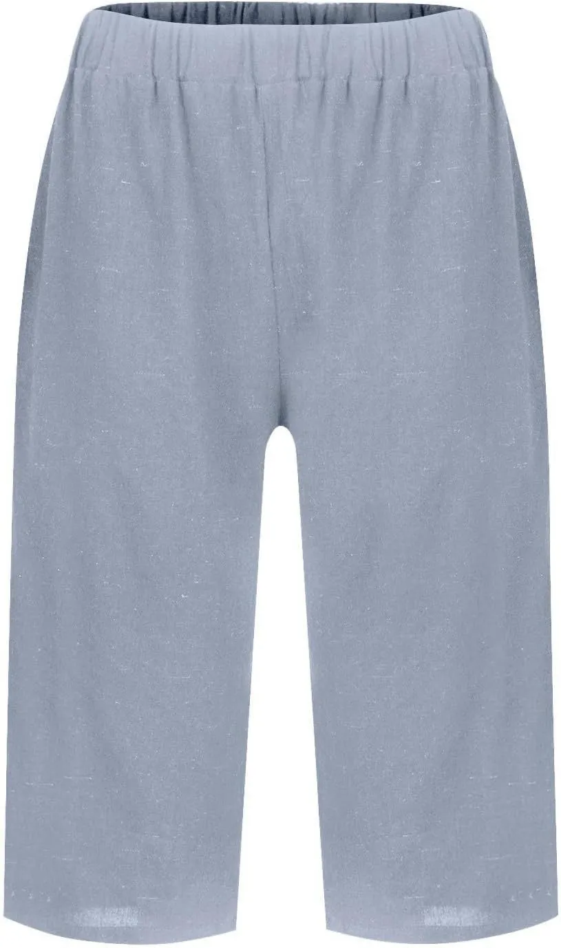 Women's Bermuda Shorts Cotton Linen Knee Length Shorts Casual Lightweight Summer Loose Beach Pants with Pockets