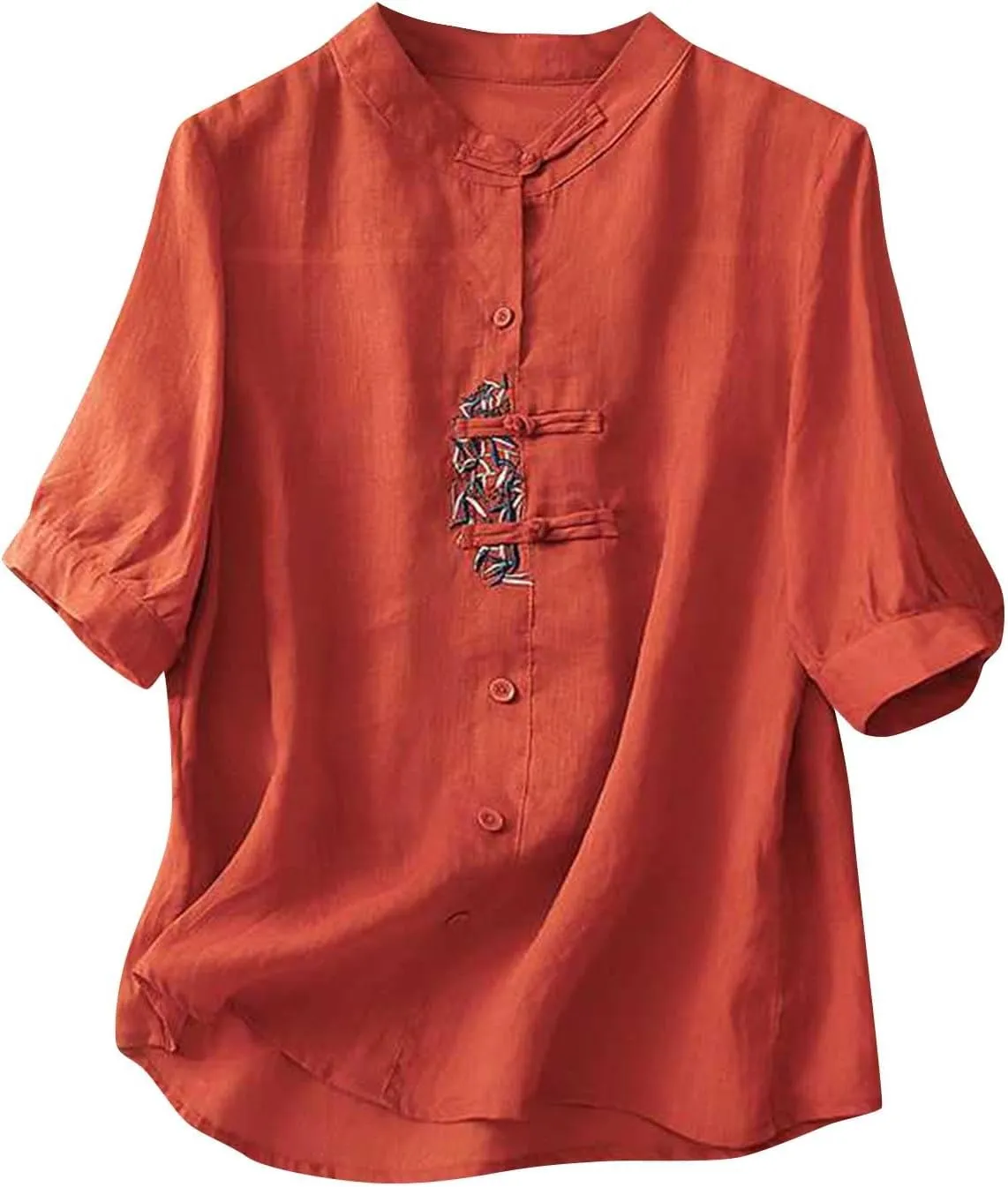 Women's Cotton Linen Shirts Chinese Frog Button Blouses Mandarin Collar Tops Embroidered Half Sleeve Loose Fit Blouse