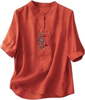 Women's Cotton Linen Shirts Chinese Frog Button Blouses Mandarin Collar Tops Embroidered Half Sleeve Loose Fit Blouse
