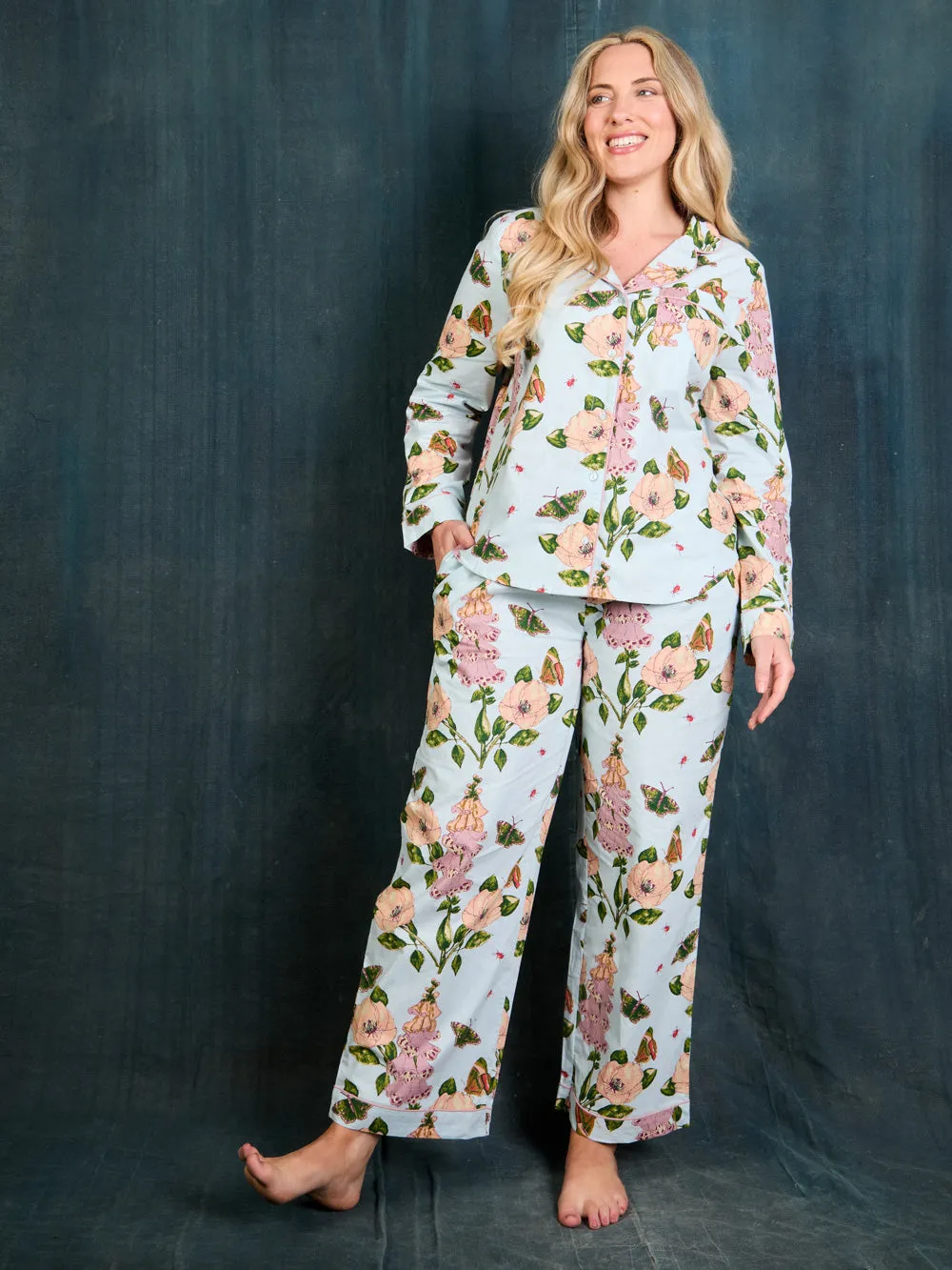 Womens Cotton Traditional Pyjamas Blue Dogwood Rose
