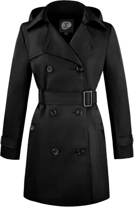 Women's Double-Breasted Trench Coat,Classic Windbreaker with Removable Hood, Belted Lapel Overcoat