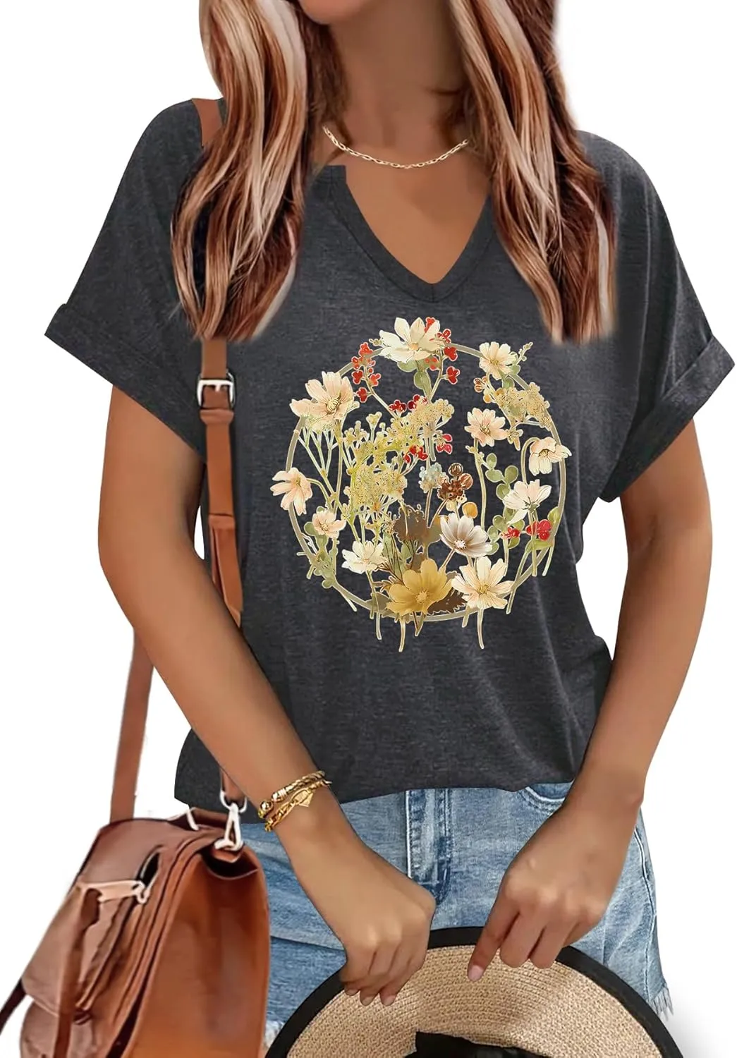 Women's Floral T-Shirts V-Neck Dandelion Sun Flower Graphic Casual Tee Boho Tops Cute Wildflowers Shirts