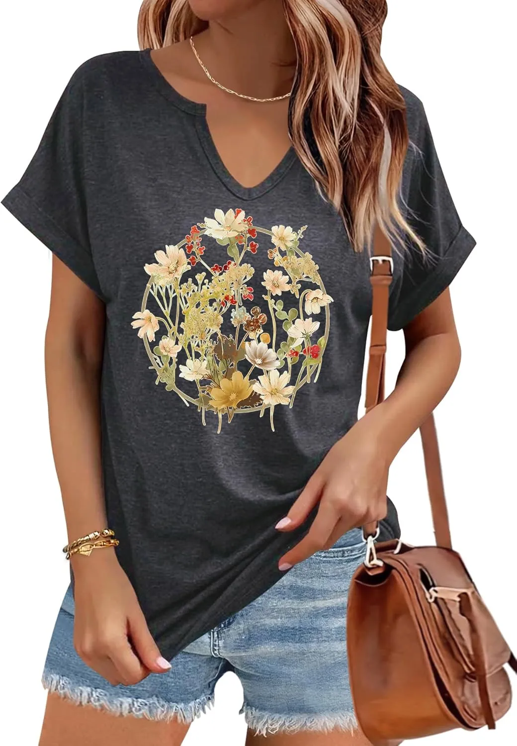 Women's Floral T-Shirts V-Neck Dandelion Sun Flower Graphic Casual Tee Boho Tops Cute Wildflowers Shirts