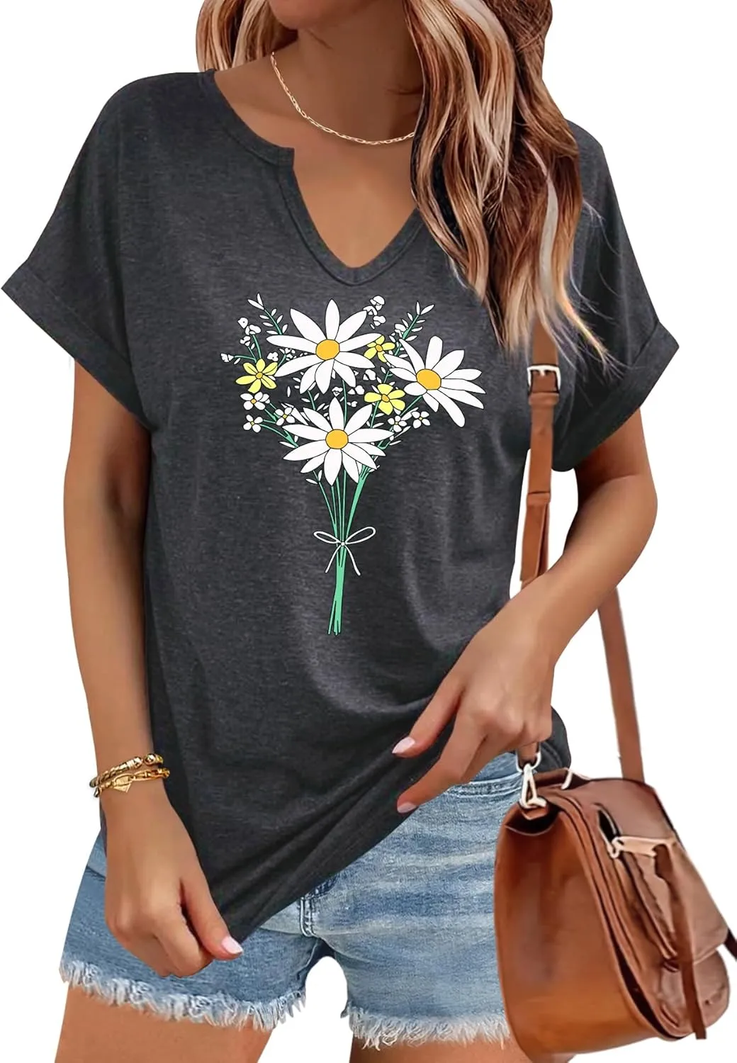 Women's Floral T-Shirts V-Neck Dandelion Sun Flower Graphic Casual Tee Boho Tops Cute Wildflowers Shirts