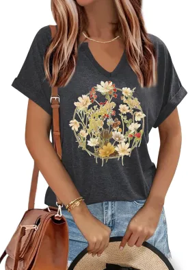 Women's Floral T-Shirts V-Neck Dandelion Sun Flower Graphic Casual Tee Boho Tops Cute Wildflowers Shirts
