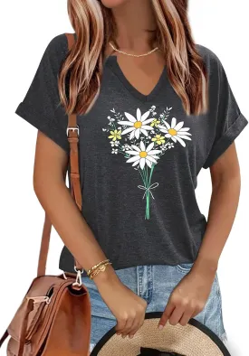 Women's Floral T-Shirts V-Neck Dandelion Sun Flower Graphic Casual Tee Boho Tops Cute Wildflowers Shirts
