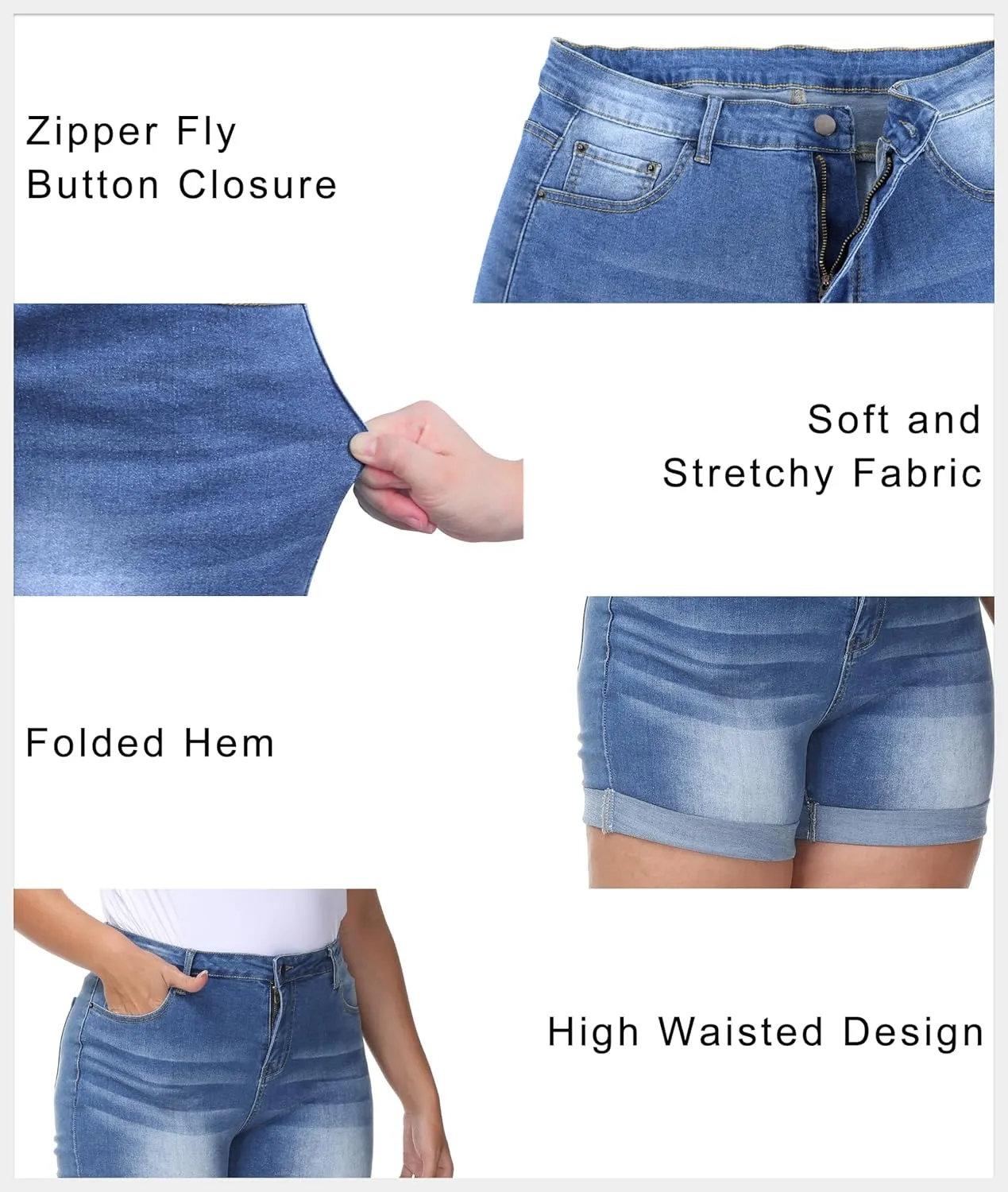 Womens Plus Size Jean Shorts Stretchy High Waisted Distressed Fold Hem Denim Shorts