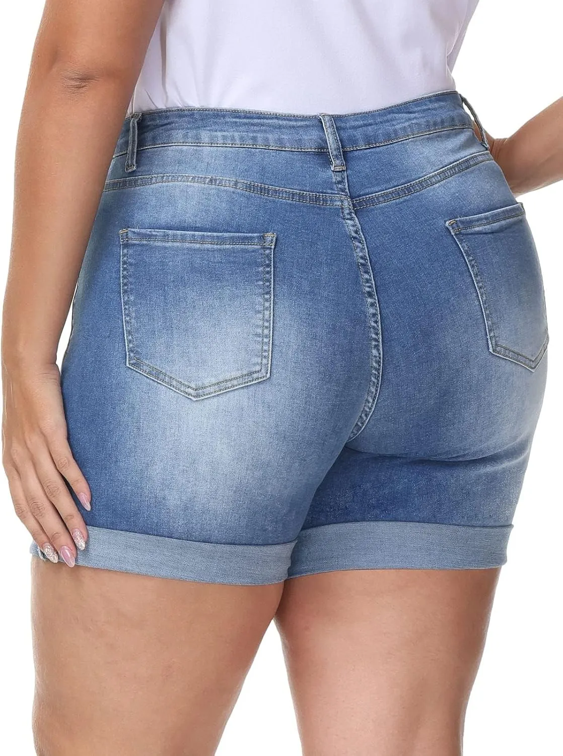 Womens Plus Size Jean Shorts Stretchy High Waisted Distressed Fold Hem Denim Shorts