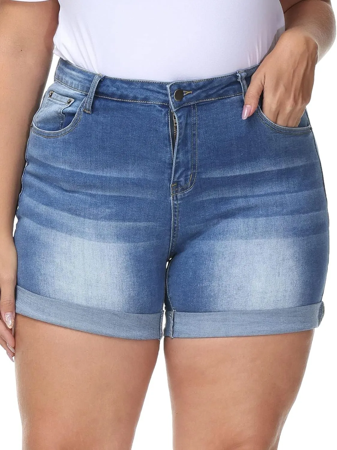 Womens Plus Size Jean Shorts Stretchy High Waisted Distressed Fold Hem Denim Shorts