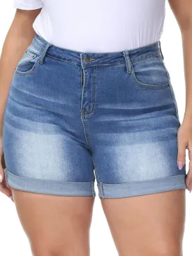 Womens Plus Size Jean Shorts Stretchy High Waisted Distressed Fold Hem Denim Shorts