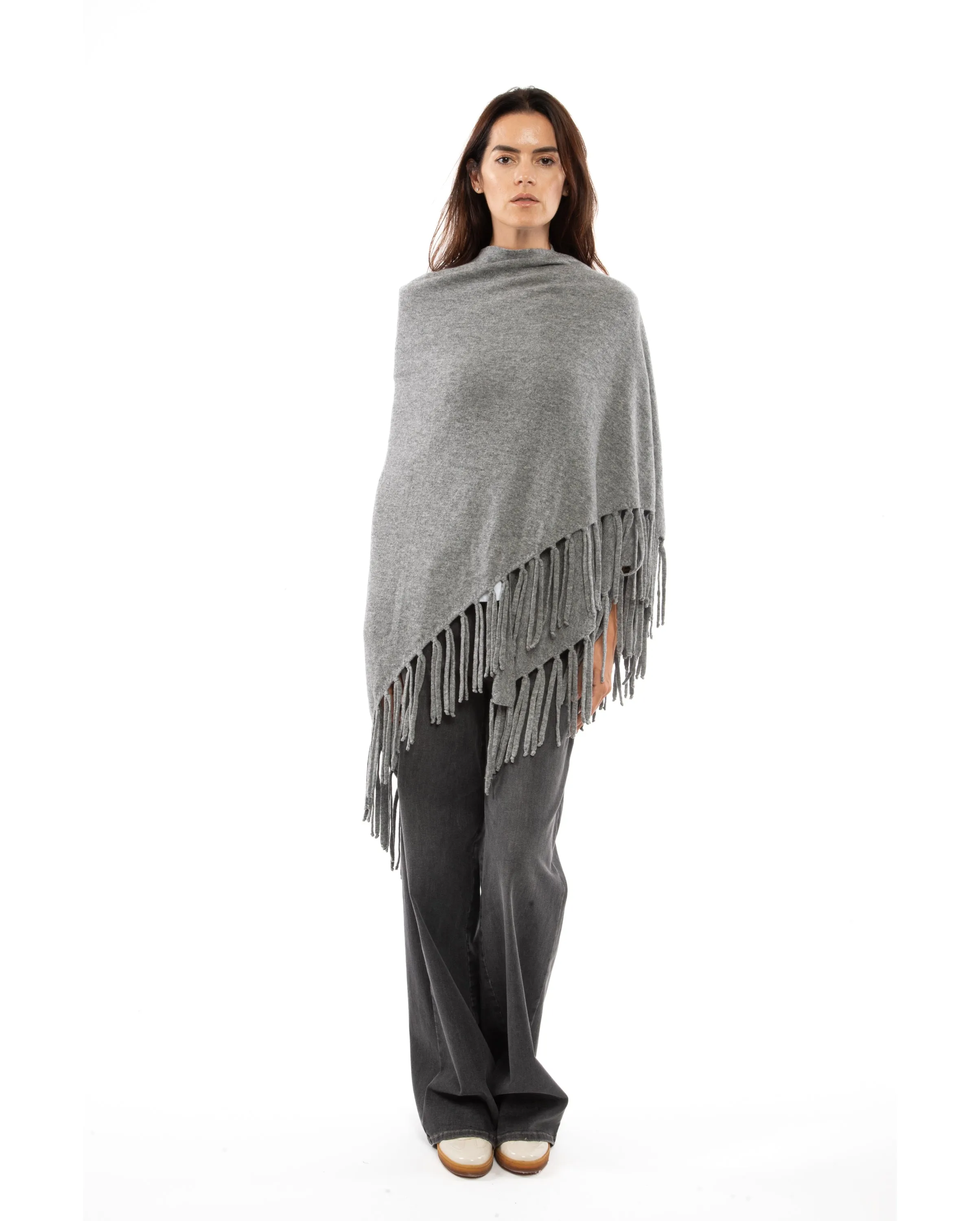 Women's Pure Cashmere Fringe Wrap Melange Gray