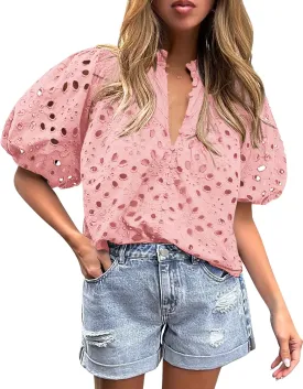 Women's Short Lantern Sleeve Hollow Out Lace Embroidered V Neck Blouses Shirts Casual Summer Tops