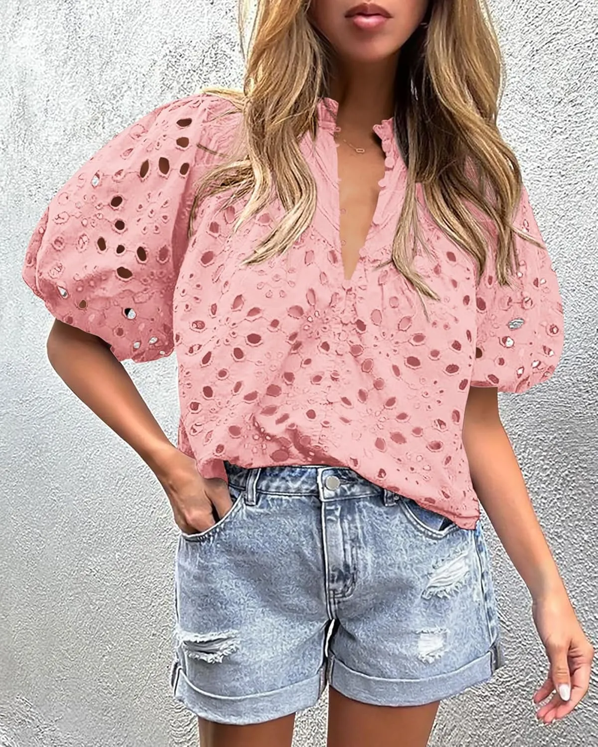 Women's Short Lantern Sleeve Hollow Out Lace Embroidered V Neck Blouses Shirts Casual Summer Tops