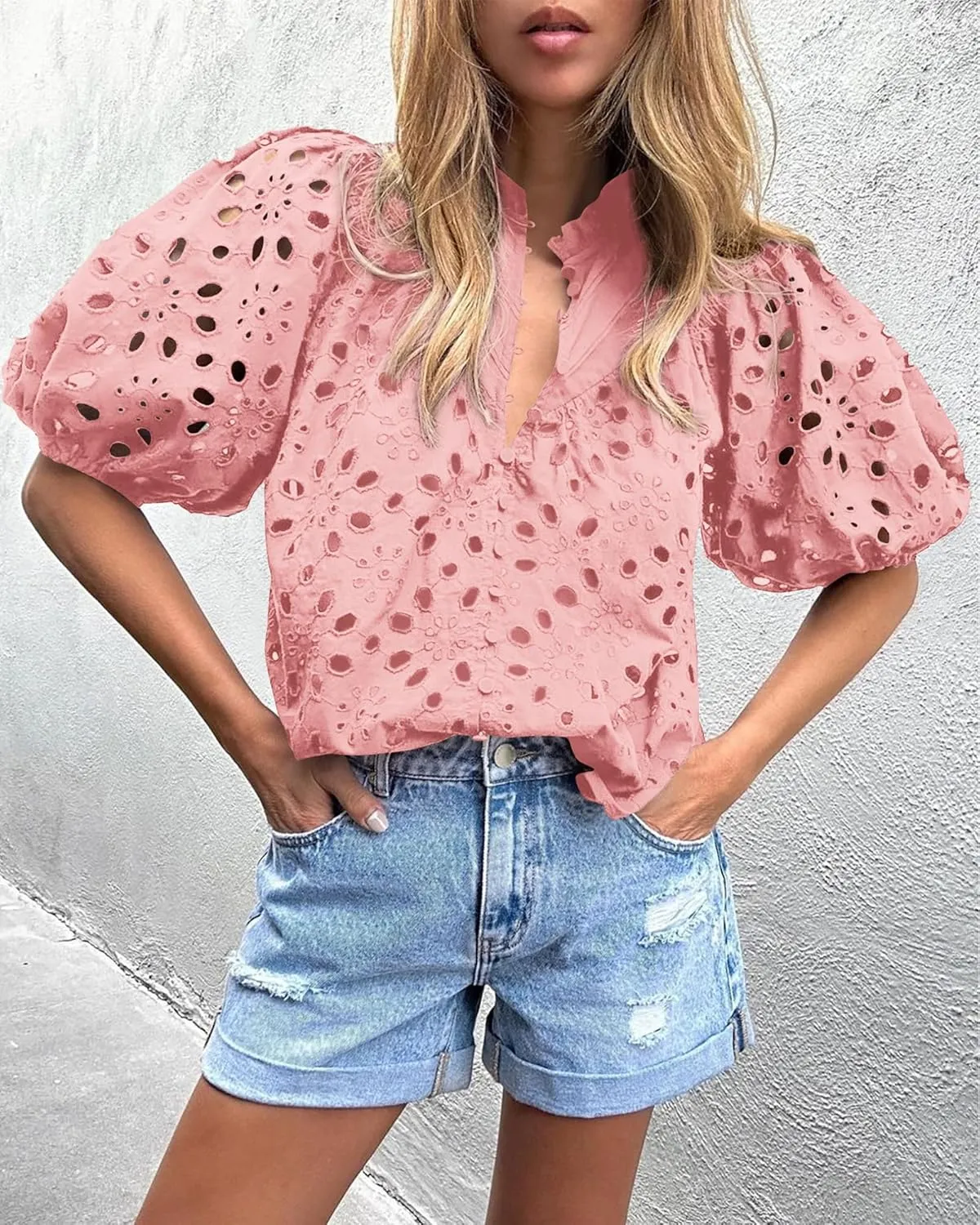 Women's Short Lantern Sleeve Hollow Out Lace Embroidered V Neck Blouses Shirts Casual Summer Tops