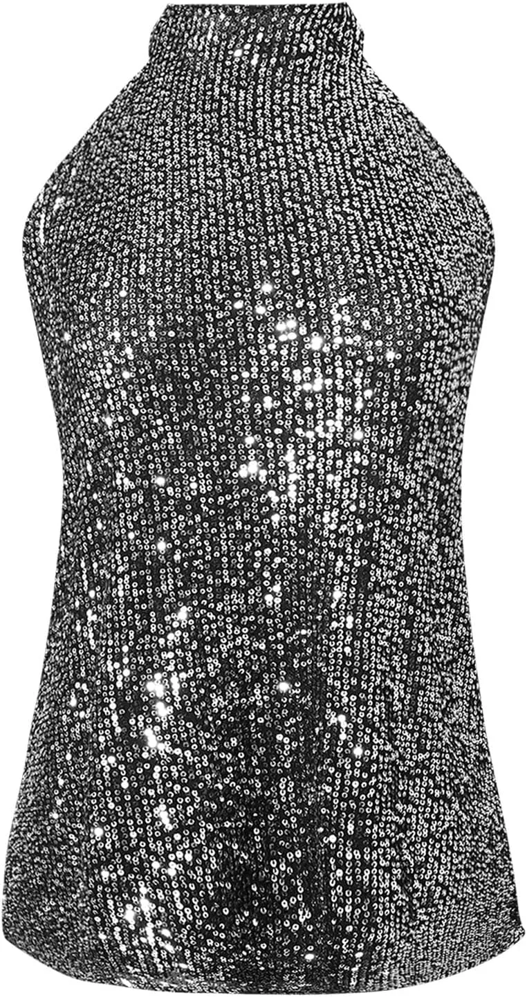 Womens Sparkly Sequin Tops Mock Neck Blouse Sleeveless Shiny Tank Top Sleeveless Glitter Outfits Party Shirt 2025