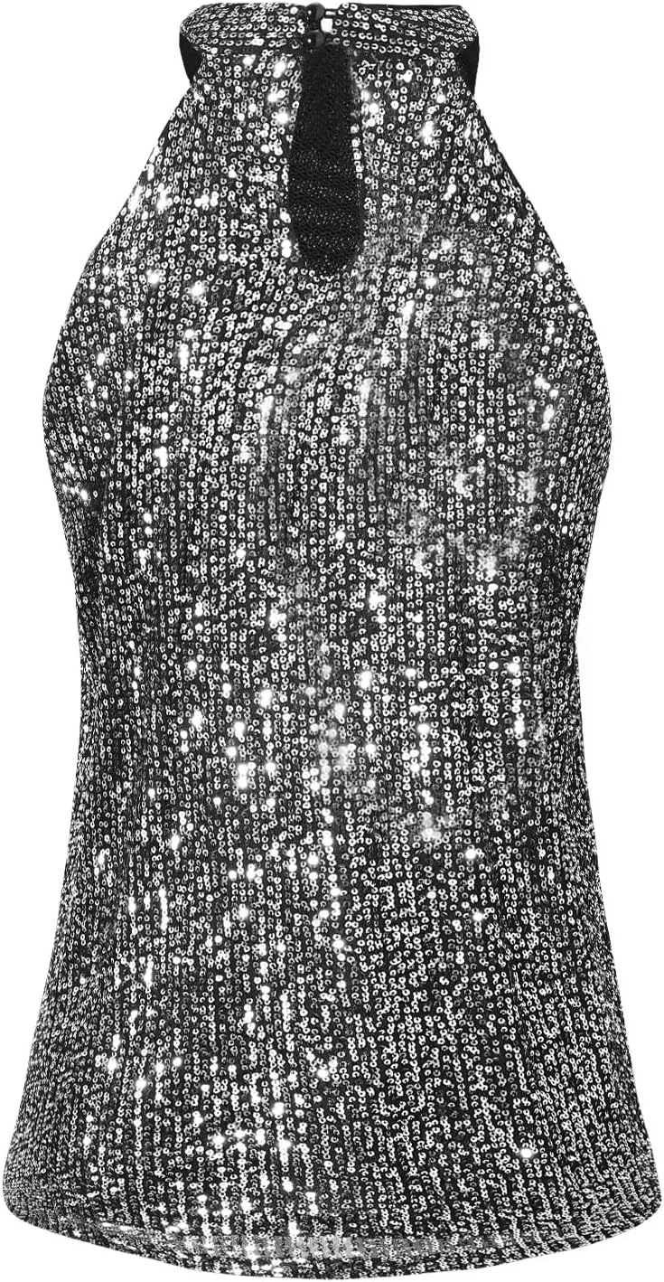 Womens Sparkly Sequin Tops Mock Neck Blouse Sleeveless Shiny Tank Top Sleeveless Glitter Outfits Party Shirt 2025