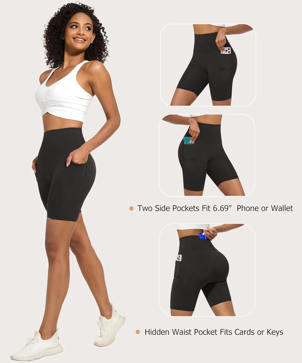 Women's Workout Running Shorts Side Pockets High Waist Tummy Control Butt Lifting Shorts Athletic Gym Shorts